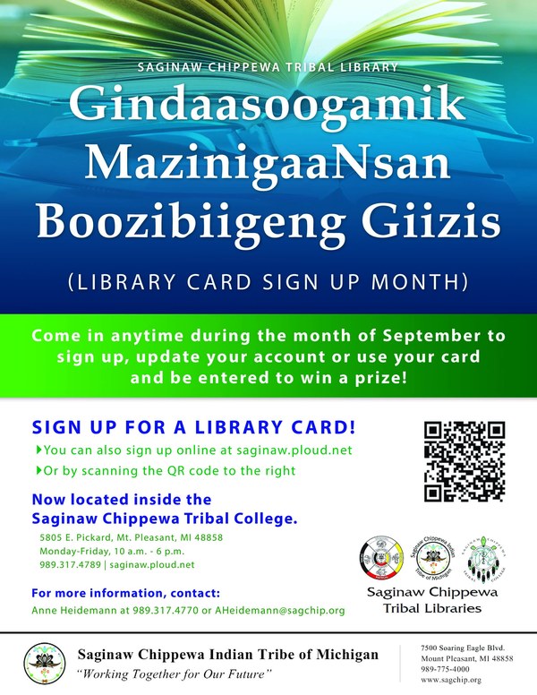 2026_Tribal Library Card Sign Up Month FLYER.jpg Gindaasoogamik MazinigaaNsan Boozibiigeng Giizis - Library Card Sign-Up Month